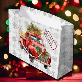 Grand Sac Cadeau Nom du camion Vintage rouge Balise Neige de Noël