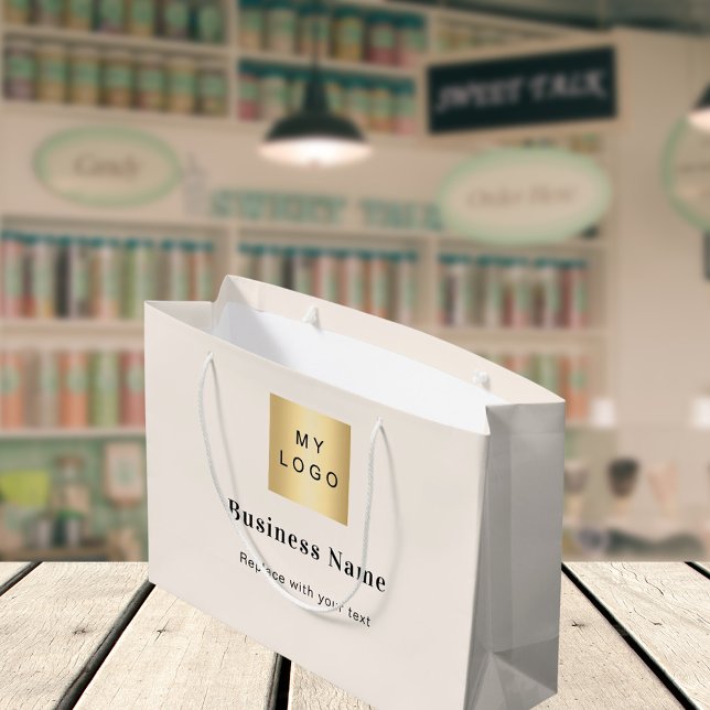 Grand Sac Cadeau Nom du logo de l'entreprise beige (Créateur téléchargé)