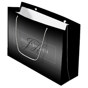 Grand Sac Cadeau Nom élégant & Initiales monogrammées Noir & Gris