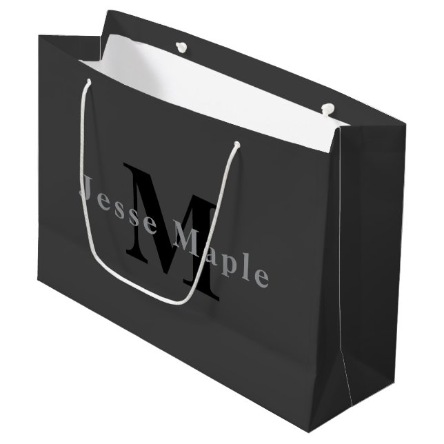 Grand Sac Cadeau Nom et monogramme | Gris foncé (Devant Angle)