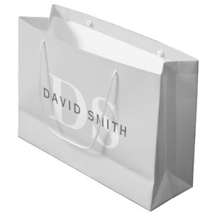 Grand Sac Cadeau Nom et monogramme modernes Gris clair et blanc f