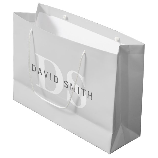 Grand Sac Cadeau Nom et monogramme modernes | Gris clair et blanc f (Devant Angle)