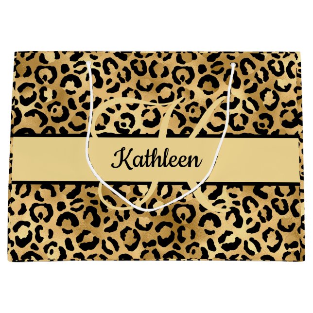 Grand Sac Cadeau Nom Monogramme Imprimé Léopard Noir Or Guépard  (Devant)