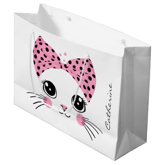 Grand Sac Cadeau Nom personnalisé Cute face de chat (Devant Angle)