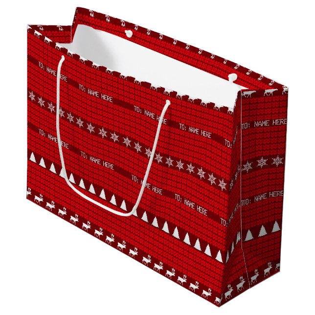 Grand Sac Cadeau Nom personnalisé de Noël Rouge Blanc vêtu (Devant Angle)
