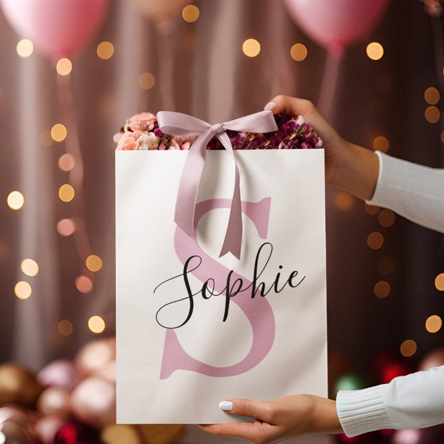 Grand Sac Cadeau Nom personnalisé moderne Monogramme rose (Créateur téléchargé)
