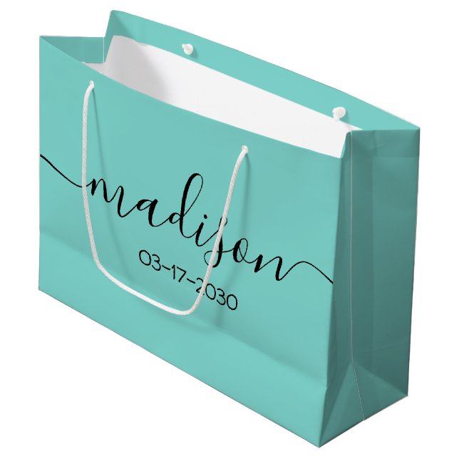 Grand Sac Cadeau Nom personnalisé Texte Fille Feminine Turquoise Tu (Devant Angle)