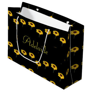 Grand Sac Cadeau Nom personnalisé tournesols jaunes sur noir