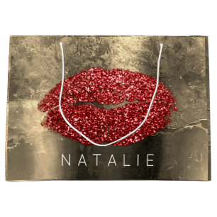 Grand Sac Cadeau Nom Red Kiss Lips Gold Rose Maquillage
