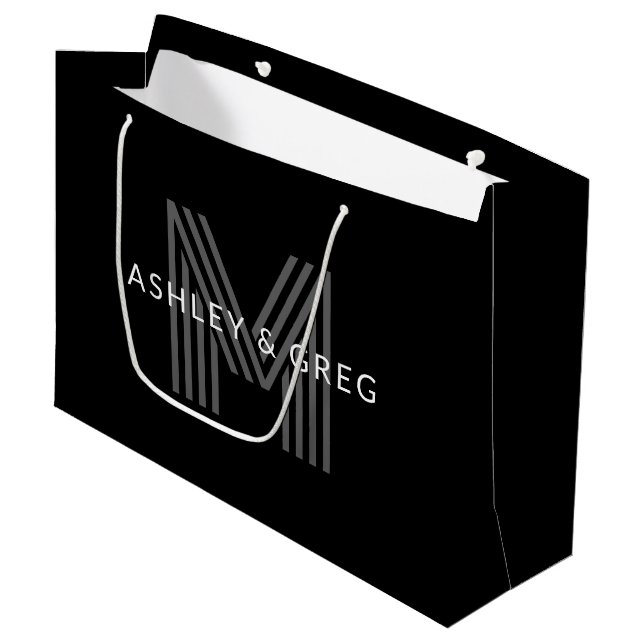 Grand Sac Cadeau Nom rétro moderne / monogramme modifiable noir et  (Devant Angle)