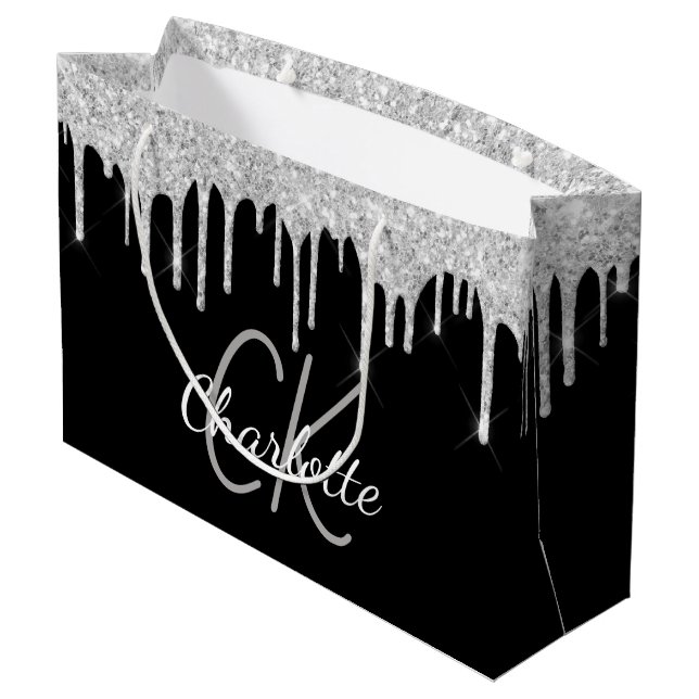 Grand Sac Cadeau Noms en monogramme argent noir moderne élégant (Dos Angle)