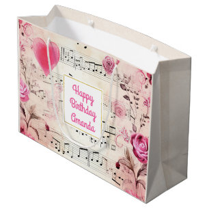 Grand Sac Cadeau Notes musicales et Rose Design Vintage Anniversair