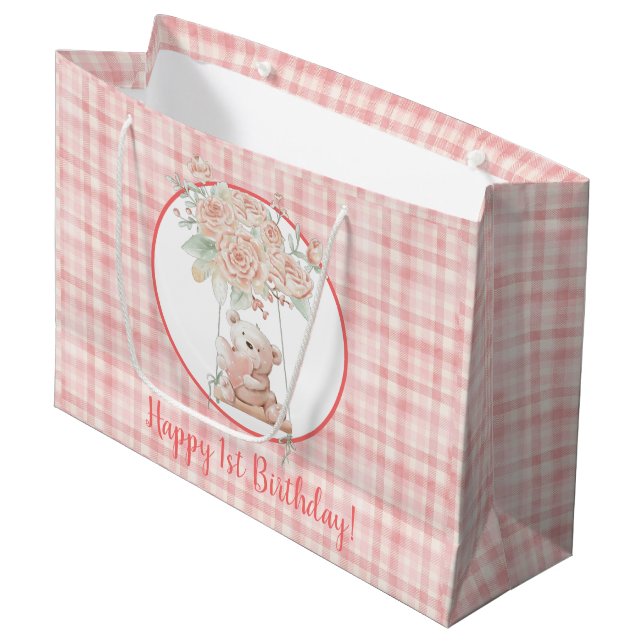 Grand Sac Cadeau Nouvel anniversaire mignon Teddy Bear rose Plaid (Devant Angle)