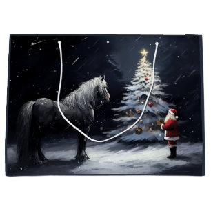 Grand Sac Cadeau Nuit silencieuse - Beau cheval et Noël Père Noël