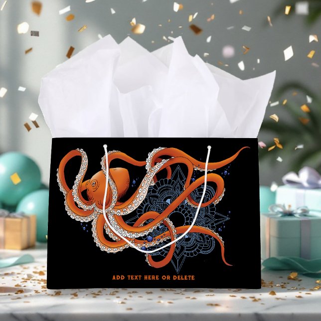 Grand Sac Cadeau Octopus Orange Mandala bleu (Créateur téléchargé)