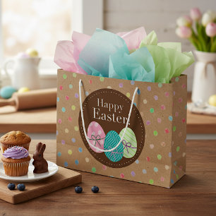 Grand Sac Cadeau Œufs de Pâques Joyeux Points sur Papier Kraft Faux