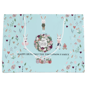 Grand Sac Cadeau Oeufs Lapin Fleurs sauvages Personnalisé Bleu Pâqu