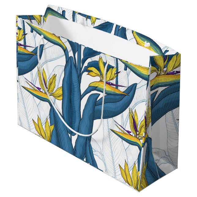 Grand Sac Cadeau Oiseau de fleurs de paradis sur blanc (Dos Angle)