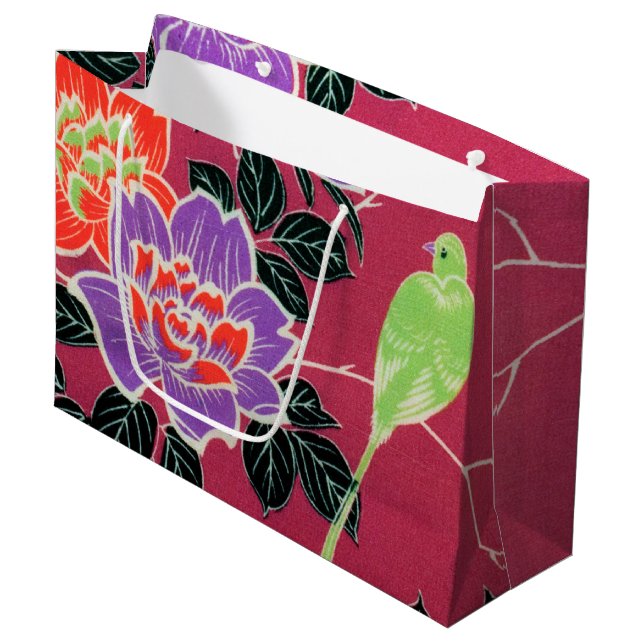 Grand Sac Cadeau Oiseau japonais vintage et fleurs (Devant Angle)