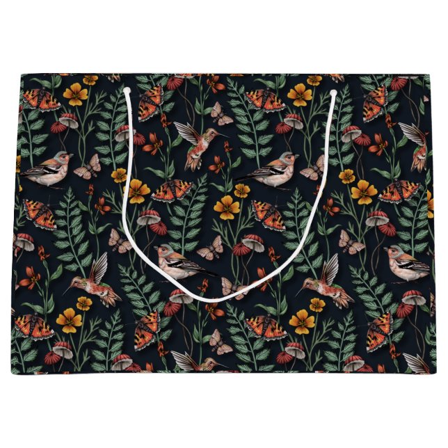Grand Sac Cadeau Oiseaux du jardin foncé et papillons (Devant)