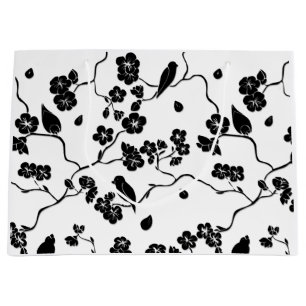 Grand Sac Cadeau Oiseaux Motifs noirs et blancs sur les fleurs de c