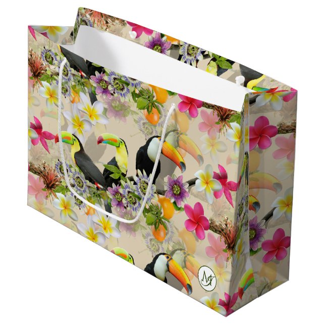 Grand Sac Cadeau Oiseaux Toucans, Fleurs de Passion, Plumeria Tropi (Devant Angle)