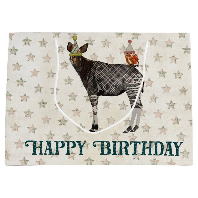GRAND SAC CADEAU OKAPI ET HIBOU D'ANNIVERSAIRE (Devant)