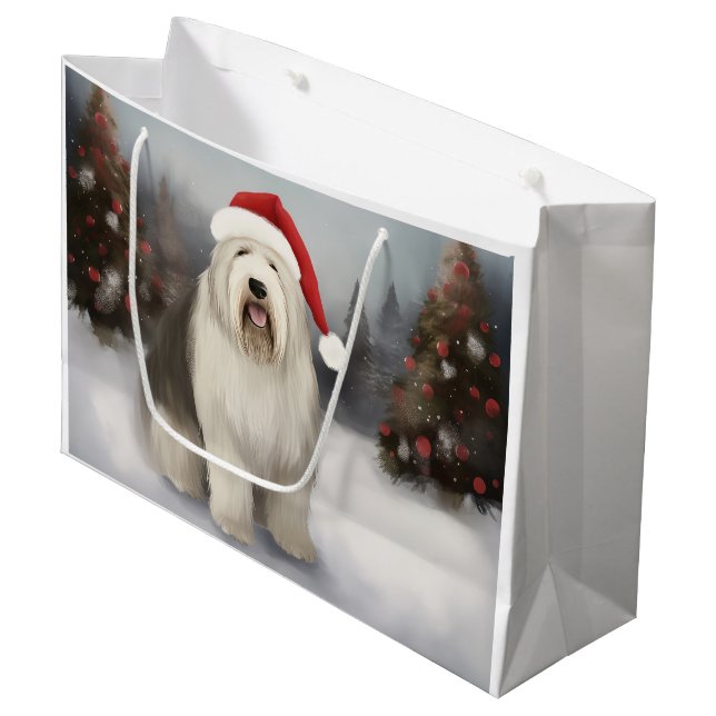 Grand Sac Cadeau Old English Sheepdog en Noël de neige (Devant Angle)