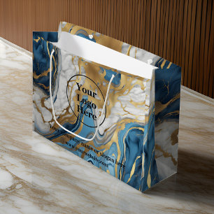 Grand Sac Cadeau Or bleu et marbre blanc