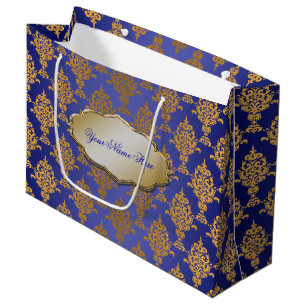 Grand Sac Cadeau Or de damassé sur l'étiquette de bleu royal