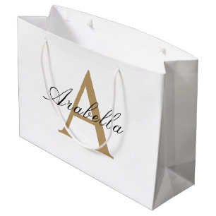 Grand Sac Cadeau Or Élégant Noir Monogramme Personnalisé Nom