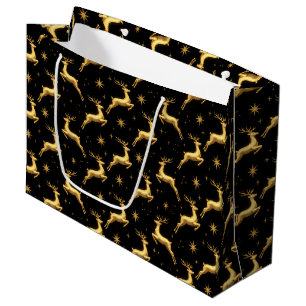Grand Sac Cadeau Or et noir métallisé Renne et Étoiles