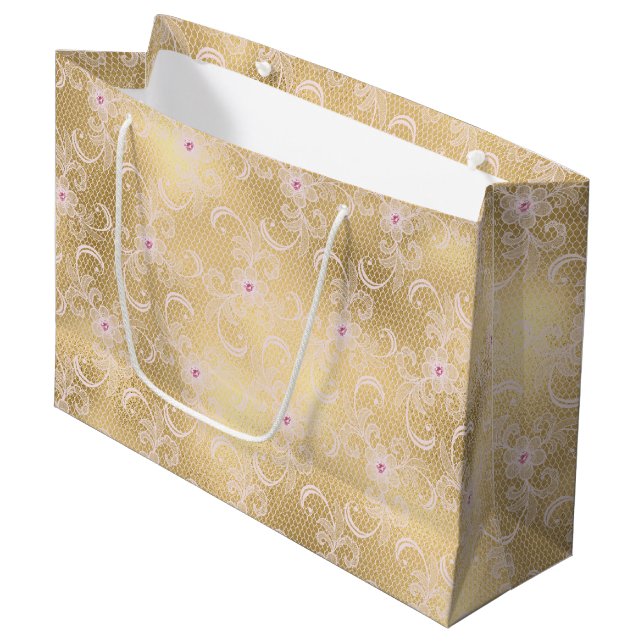 Grand Sac Cadeau Or Glamour Rose Foncé Dentelle Floral Fête de Mari (Devant Angle)
