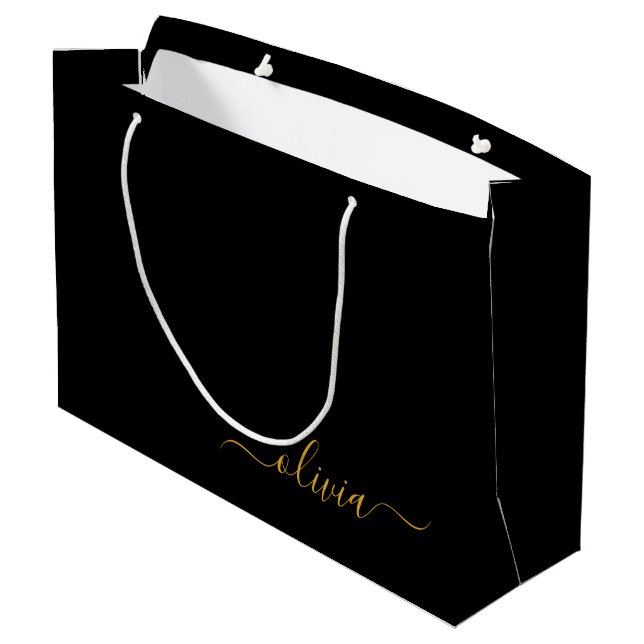 Grand Sac Cadeau Or Moderne Monogramme Nom en Or Noir (Dos Angle)