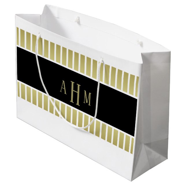 Grand Sac Cadeau Or noir rayure monogramme blanc (Dos Angle)