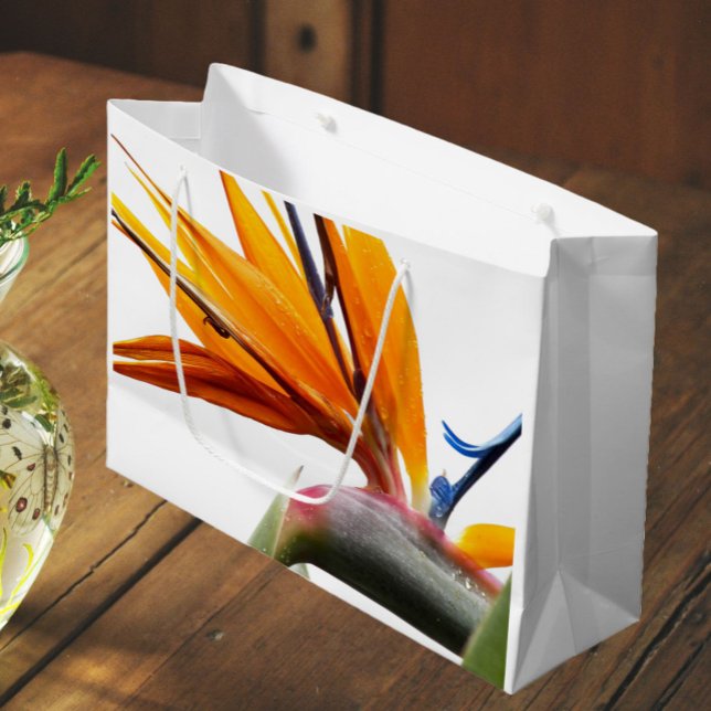 Grand Sac Cadeau Orange Bird of Paradise Plante Motif en blanc (In Situ)