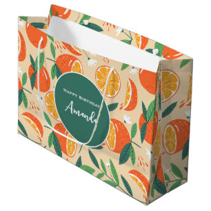 Grand Sac Cadeau Orange Citrus Fruit Retro Motif Anniversaire