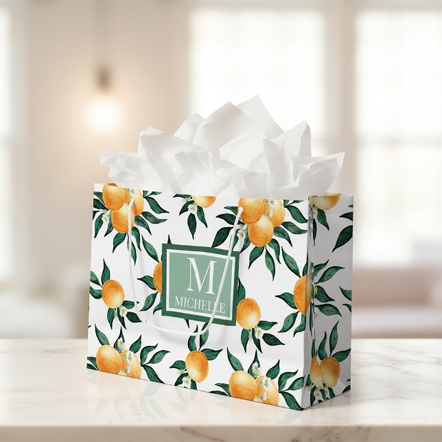 Grand Sac Cadeau Orange Citrus Watercolor Monogram Name (Créateur téléchargé)