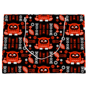 Grand Sac Cadeau Orange Et Black Folk Art Hibou Nordique