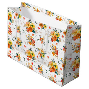 GRAND SAC CADEAU ORANGE & JAUNE FLEURS DE CHUTE EN COULEUR D'EAU