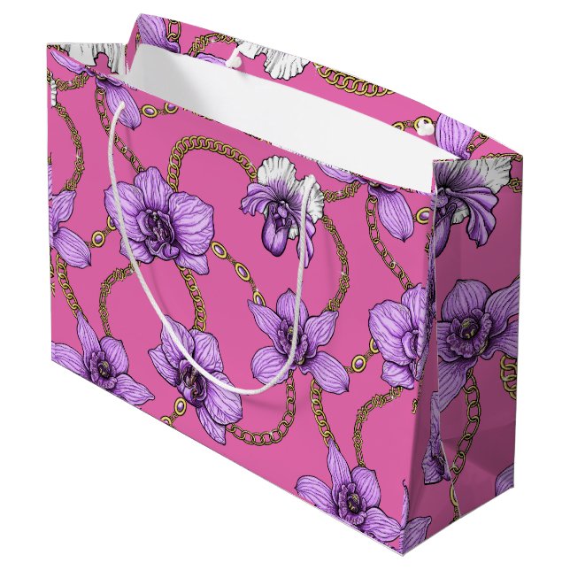 Grand Sac Cadeau Orchidées et chaînes, violet et rose (Dos Angle)