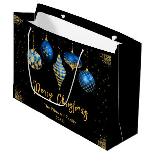 Grand Sac Cadeau Ornement de Noël élégant or et bleu