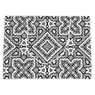 Grand Sac Cadeau ornement ethnique motif géométrique noir et blanc