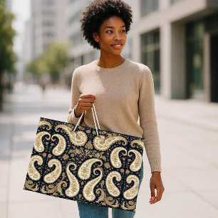 Grand Sac Cadeau Ornement Paisley Foncé Persan Héritage Or en Vieil