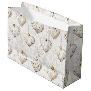 Grand Sac Cadeau Ornements Cœurs Gris Crème Chic Mariage
