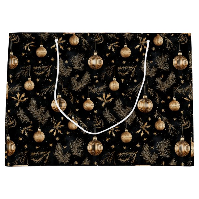 Grand Sac Cadeau Ornements de Noël d'or Aiguilles de pin (Devant)