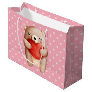 Grand Sac Cadeau Ours en peluche mignon portant un coeur rouge