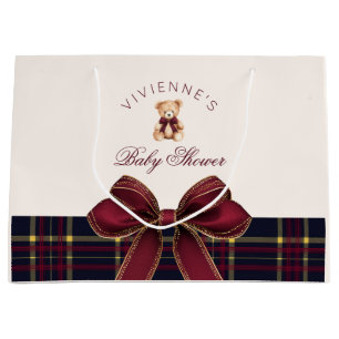 Grand Sac Cadeau Ours en peluche ruban rouge or plaid Baby Shower