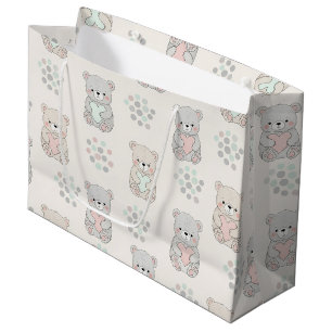 Grand Sac Cadeau Ours mignon et cœurs -- Nurserie pastel (7)