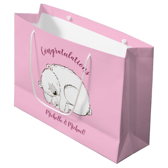 Grand Sac Cadeau Ours polaire Baby shower fille rose (Devant Angle)